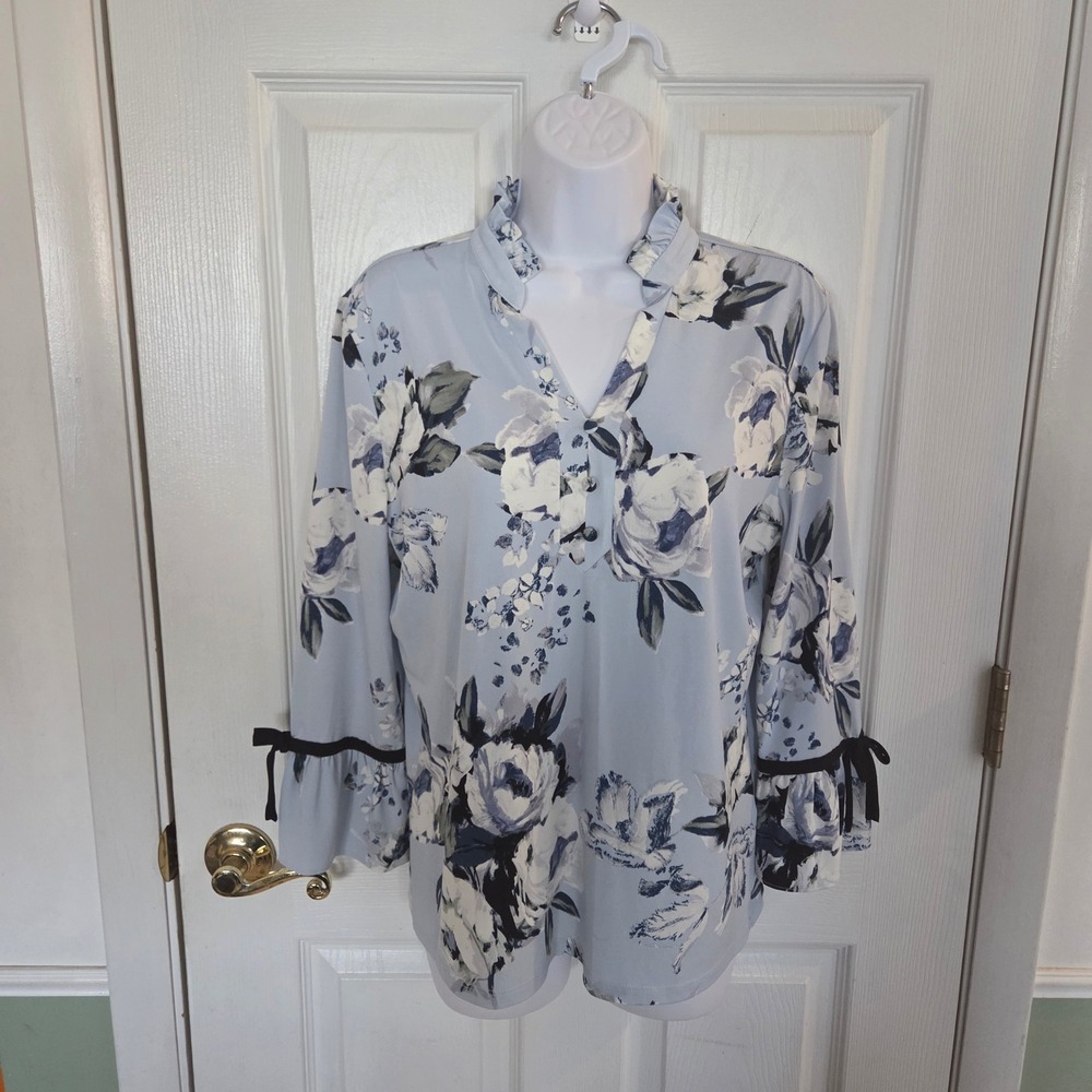 Karl Lagerfeld Paris Floral Ruffle Neck Blouse Blue Bell Sleeve Designer Small